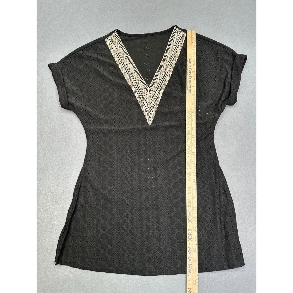 Shein Boho Black Eyelet Crochet Trim V-Neck Swim Cover Up Tunic Size Medium US 6